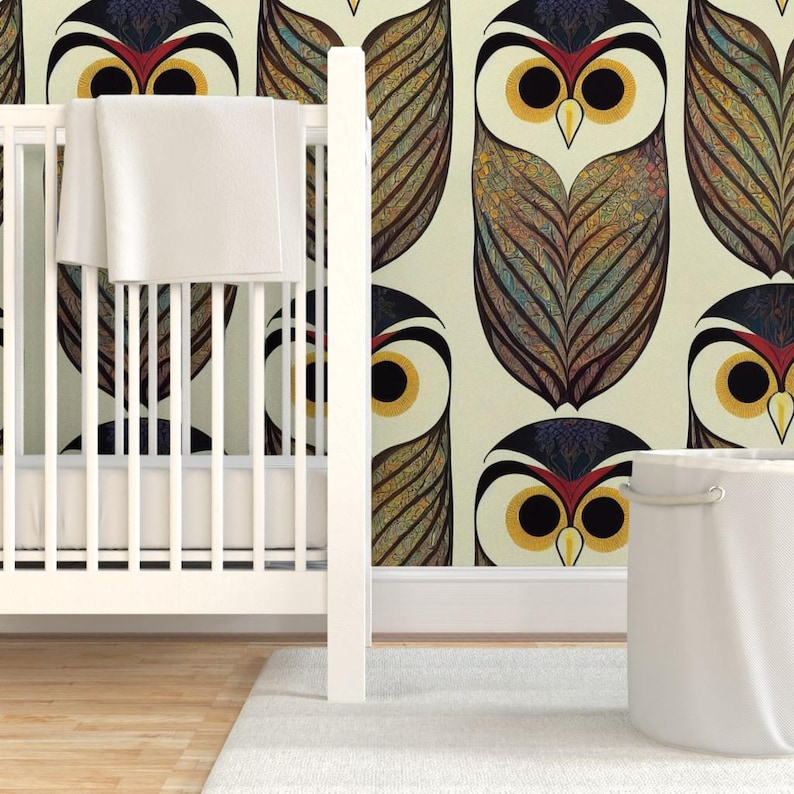 Forest Owls Peel and Stick Wallpaper - Art Deco Earth Tones Nursery Childrens Novelty Library - Removable Wall Decor Art - Owls by nickleen image 6
