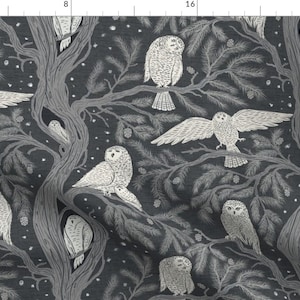 Monochrome Woodland Fabric - Snowy Owl On Pine by emmaviktoria - Grayscale Snowy Owl Birds Of Prey Winter  Fabric by the Yard by Spoonflower