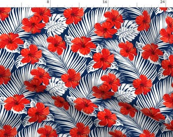Hibiscus Fabric - Topical Hawaii Watercolor Hibiscus Flowers Floral By Khaus - Hibiscus Re Black Cotton Fabric By The Yard With Spoonflower