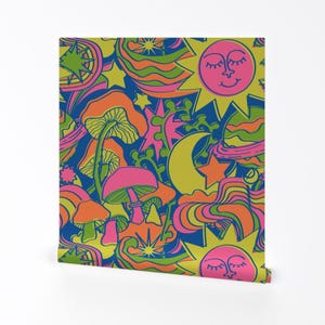 Neon Suns Removable Peel and Stick Wallpaper -  Blue Groovy Kitsch 70s - Wall Art Wall Decor - Psychedelic Daydream by yesterdaycollection