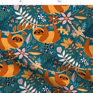 Cute Hanging Sloth Forests Fabric - Cute Boho Sloth Floral By Micklyn - Floral Animal Nursery Cotton Fabric By The Yard With Spoonflower