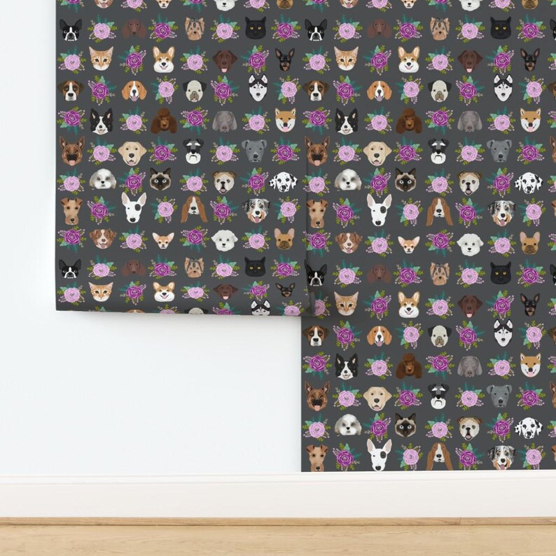 Pets Wallpaper - Dog Cat Floral Pet Lover Purple Gray By Petfriendly - Custom Printed Removable Self Adhesive Wallpaper Roll by Spoonflower image 4