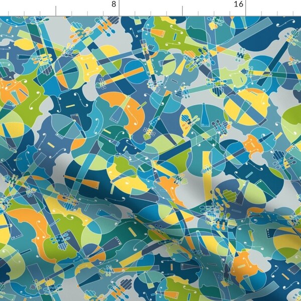 Violin Blue Fabric - Violins, Violas, Cellos In Blue, Green, Orange And Yellow On Grey Version 2 By Jani Na - Violin Fabric With Spoonflower