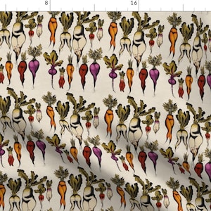 May include: A seamless pattern featuring a variety of vegetables, including carrots, turnips, and radishes, with a whimsical and humorous design. The vegetables are depicted with human-like features, including legs and bottoms, and are arranged in a repeating pattern on a cream-coloured background.