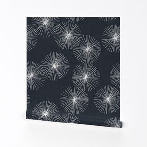 Modern Dandelions Wallpaper - Dandelions Navy Black By Friztin - Retro Custom Printed Removable Self Adhesive Wallpaper Roll by Spoonflower