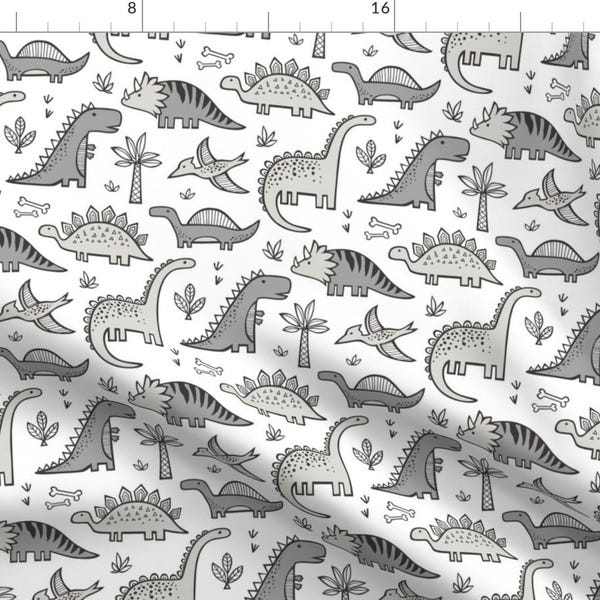 Monochrome Dino Fabric - Dinosaurs In Grey By Caja Design - Dino Cotton Fabric By The Yard With Spoonflower