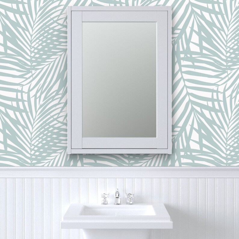 Pastel Jungle Palm Wallpaper Fronds Blue on White by Etsy