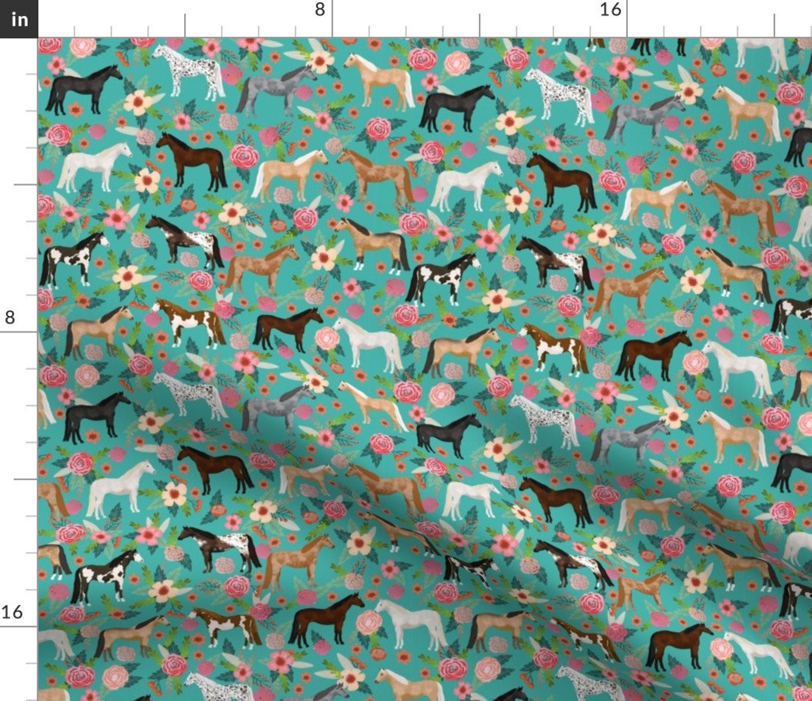 Pretty Horses Fabric Horse Multi Coat Floral Fabric Turq by Etsy