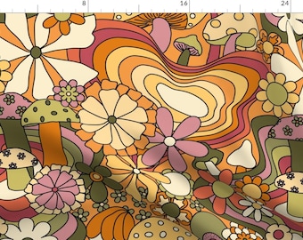 Retro Fabric - Groovy Mushroom Garden by yesterdaycollection - Vintage Floral Retro Hippie Groovy 70s 60s Fabric by the Yard by Spoonflower