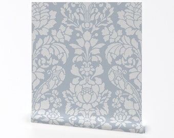 Damask Wallpaper - Balmoral Damask Large White Versailles Fog By Peacoquettedesigns - Custom Printed Adhesive Wallpaper Roll by Spoonflower