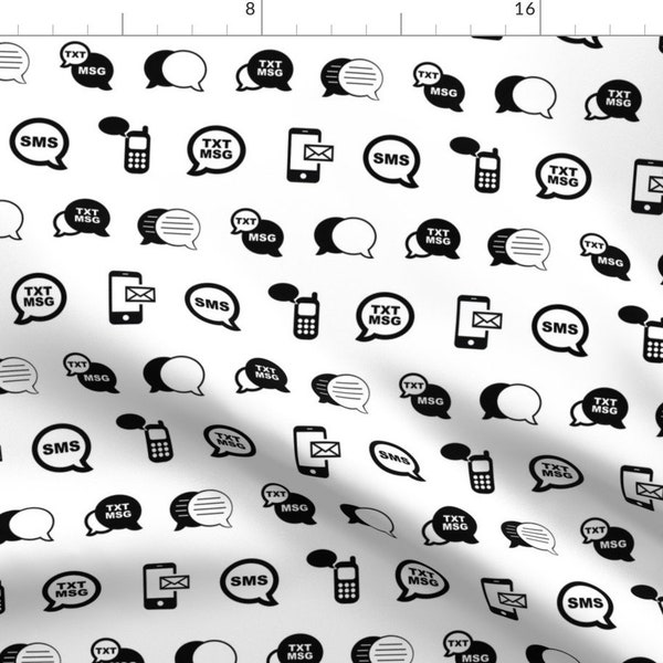 Cell Phone Fabric - Fun Mobile Phone Text SMS Messaging Black and White  By Cloudycapevintage -  Cotton Fabric By The Yard With Spoonflower