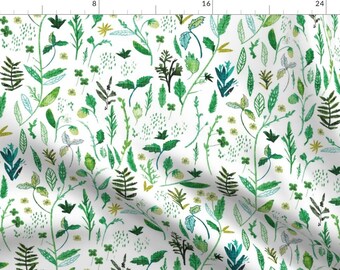 Greenery Fabric - Ambrosia Greenery (White) By Nouveau Bohemian - Fern Botanicals Plants Greenery Cotton Fabric By The Yard With Spoonflower