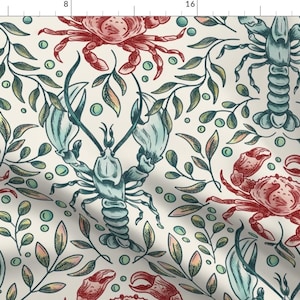 Vintage Crustacean Fabric - Watercolor Lobster by studio_saturno - Red Crab Whimsical Coastal Summer Beach Fabric by the Yard by Spoonflower