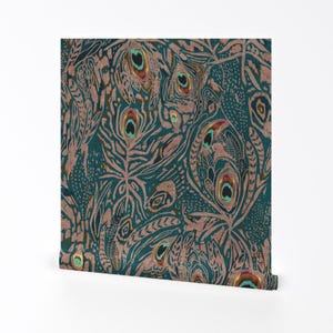 Abstract Peacock Removable Peel and Stick Wallpaper - Feather Animal Print - Wall Art Wall Decor - Peacock Dreaming Ikat by nouveau_bohemian