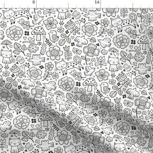 Colouring Animals Fabric - Cats Birds Flowers Spring Doodle Black White Coloring By Caja Design - Colouring Fabric With Spoonflower