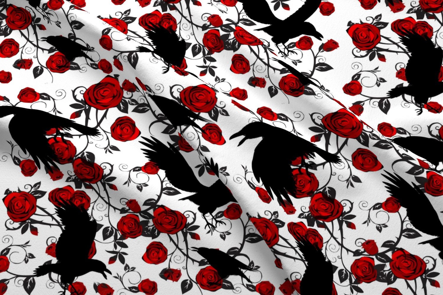 Raven Fabric Ravens Roses By Bluevelvet Ravens Roses Etsy
