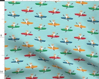 Corgi Fabric - Corgis In Kayaks Fabric  Outdoors Dog Fabric - Blue Tint By Petfriendly - Corgi Cotton Fabric by the Yard With Spoonflower