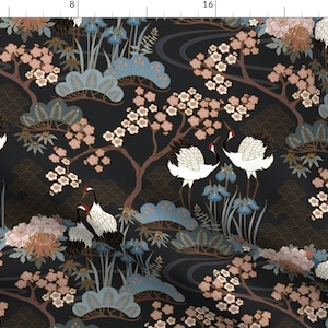 Cranes Pink Floral Illustration Spring Fabric - Japanese Garden Charcoal By Juditgueth - Cranes Cotton Fabric By The Yard With Spoonflower