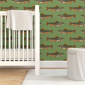 Fish Wallpaper - Brook Trout By Weavingmajor - Vintage Green Cabin Lodge Mountains Removable Self Adhesive Wallpaper Roll by Spoonflower image 6