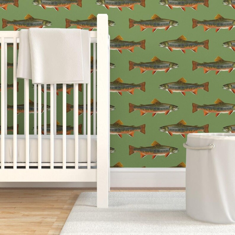 Fish Wallpaper - Brook Trout By Weavingmajor - Vintage Green Cabin Lodge Mountains Removable Self Adhesive Wallpaper Roll by Spoonflower image 6
