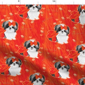 Shih Tzu Fabric - Shihtzu Tangerine Love By Sherry-Savannah Bright Orange Red Puppy Dog Breed - Cotton Fabric By The Yard With Spoonflower