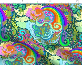 May include: A psychedelic pattern featuring a rainbow, clouds, stars, and swirling lines in shades of pink, blue, green, yellow, and orange on a teal background.
