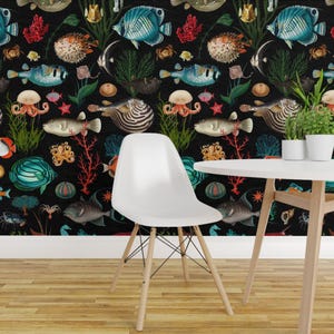 Coastal Marine Peel and Stick Wallpaper - Ocean Life Nautical - Removable Wall Decor Art - Oceania In Black by delinda_graphic_studio image 1