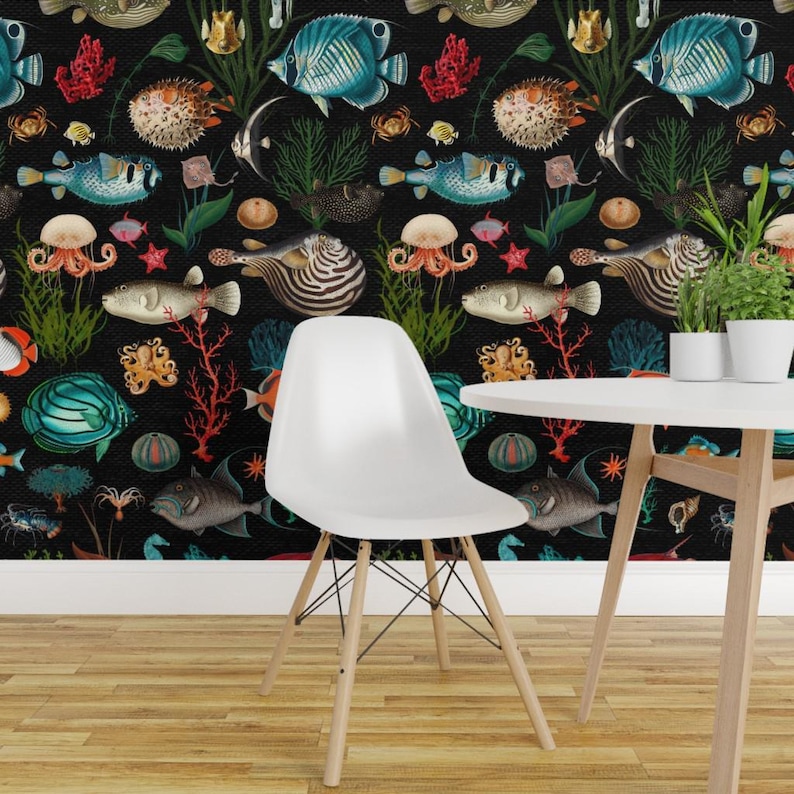 Coastal Marine Peel and Stick Wallpaper - Ocean Life Nautical - Removable Wall Decor Art - Oceania In Black by delinda_graphic_studio image 1