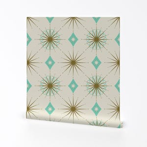 Atomic Wallpaper - Starburst Aquarelle Von Curiouslondon - Mid Century Modern Vintage Abnehmbare selbstklebende Tapetenrolle von Spoonflower