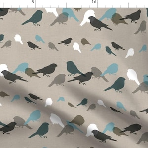 Finch Birds Gray Blue Fabric - Bullfinch Block Bird Silhouette Canvas By Mariaspeyer - Finch Cotton Fabric By The Yard With Spoonflower