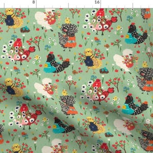 Green Chickens Fabric - Spring Chickens by francisca_reyes - Flowers Birds Animals Tulips Kitchen Eggs Fabric by the Yard by Spoonflower
