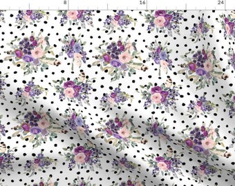 Watercolor Purple Floral Fabric - Country Garden Florals // Black Spotted Dots By Hipkiddesigns - Watercolor Floral Fabric With Spoonflower