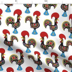Whimsical Fabric - O Galo De Barcelos by fattcheese - Rooster Cute Chicken Red Blue Floral Portugal Fabric by the Yard by Spoonflower