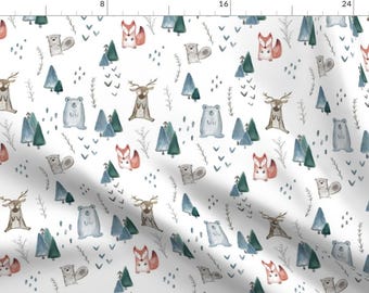 May include: A seamless pattern featuring watercolor illustrations of woodland animals, including deer, bears, foxes, and squirrels. The animals are depicted in a whimsical style with muted colors against a white background. The pattern also includes stylized trees and leaves.