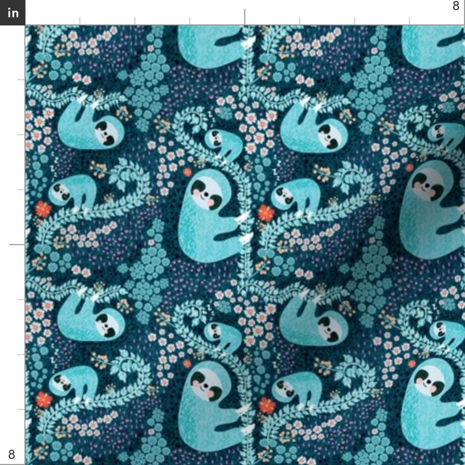 Blue Sloths Illustration Fabric - Sloth Cloth - Small Scale by Bound ...