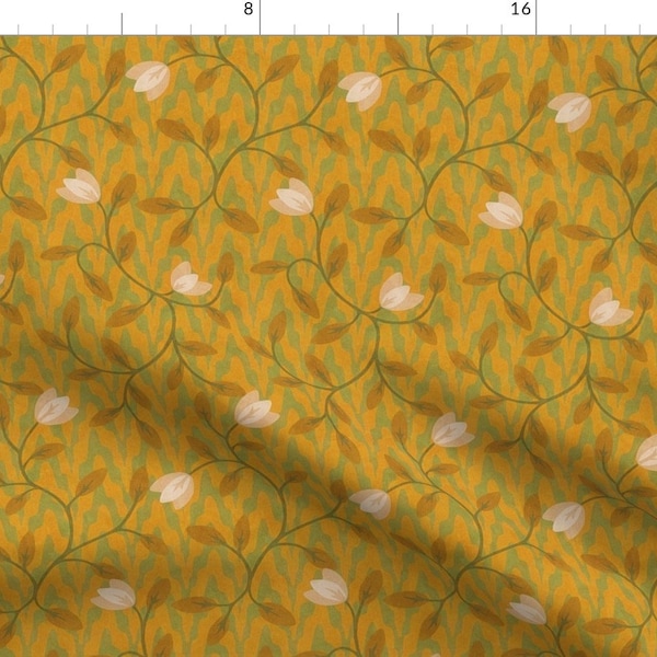 Mustard Floral Fabric - Victorian Twines By Dessineo - Curry Yellow Floral Flowers Nouveau Spring Cotton Fabric By The Yard With Spoonflower