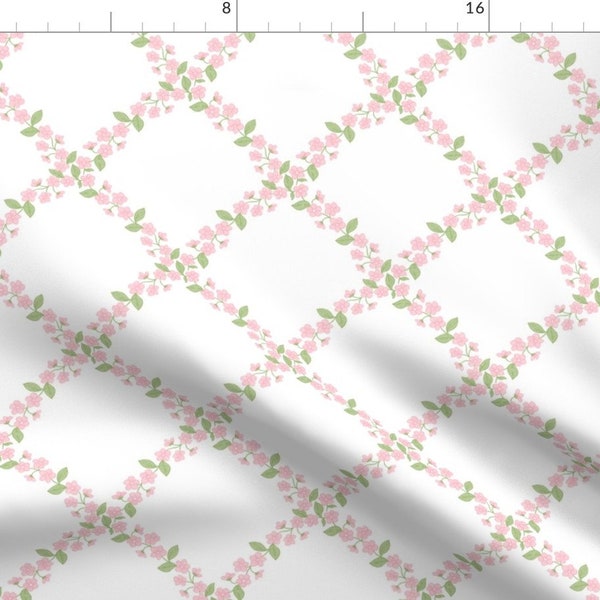 Floral Lattice Fabric - Pink Floral Trellis by prettyfestive - Climbing Rose Feminine Lattice Cottagecore Fabric by the Yard by Spoonflower