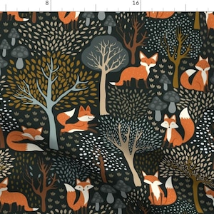 May include: A seamless pattern featuring orange foxes, mushrooms, and trees on a dark blue background. The pattern is perfect for fabric, wallpaper, or wrapping paper.