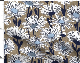 Daisy Fabric - Field Of Daisies By Selmacardoso -Blue Taupe Floral Botanical Blooms Garden Spring Cotton Fabric By The Yard With Spoonflower