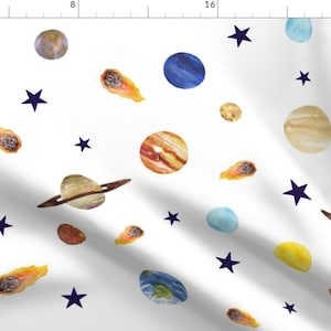 Planets Fabric - Watercolor Planets Mix By Cassandragascon - Outer Space Planet Star Sun Moon Cotton Fabric By The Yard With Spoonflower