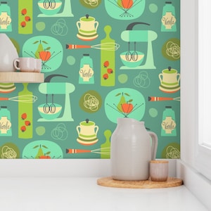 Kitchen Wallpaper - Kitchen Kitsch Blue By Studiojenny - Mid Century Modern Green Cook Removable Self Adhesive Wallpaper Roll by Spoonflower