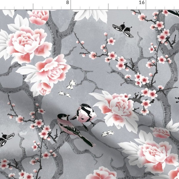 Adenaj Gray Cherry Blossoms Fabric - Chinoiserie Birds In Grey Large Scale By Adenaj - Adenaj Cotton Fabric By The Yard With Spoonflower
