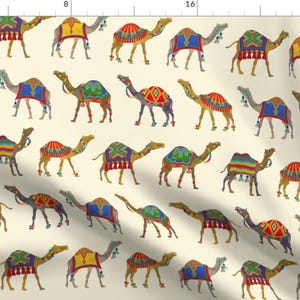 Exotic Fabric - Camels On Parade  by shellypenko - Desert Animal Camel Pom Poms Tassels Whimsical Colorful Fabric by the Yard by Spoonflower
