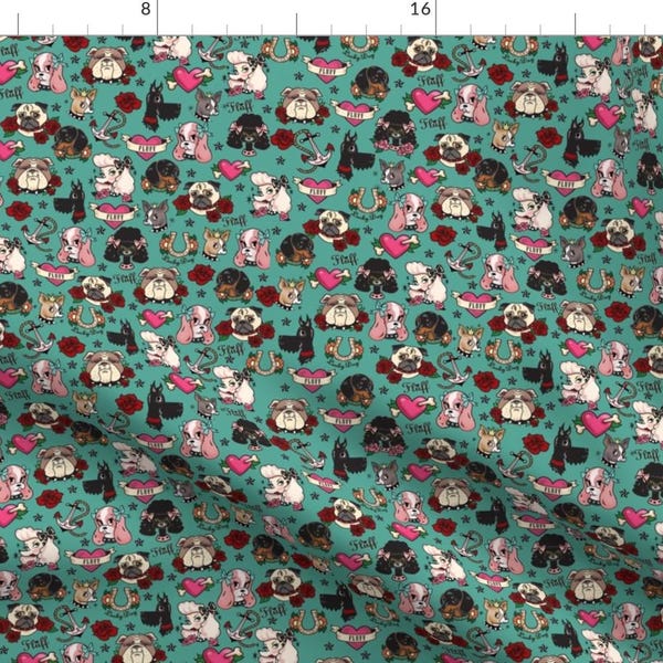 Dogs Fabric - Tattoo Dogs- Teal By Miss Fluff - Dogs Breed Tattoos Anchors Horseshoes Heart Aqua Cotton Fabric By The Yard With Spoonflower