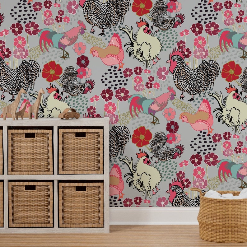 Barnyard Wallpaper Rooster Parade by Limezinniasdesign - Etsy