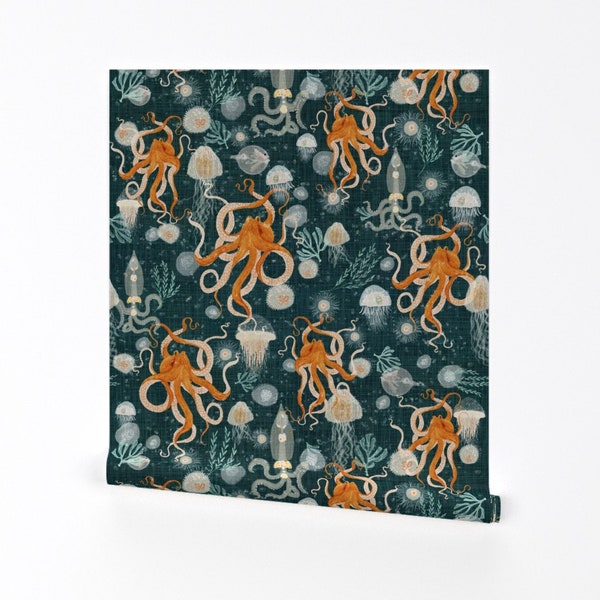 Octopus Wallpaper - Octopus On Midnight By Katherine Quinn - Orange Blue Tropical Fish Removable Self Adhesive Wallpaper Roll by Spoonflower