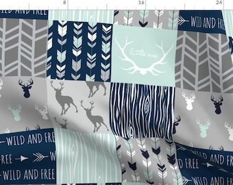 Baby Boy Quilt Fabric - Patchwork Deer In Mint,Navy, Grey By Sugarpinedesign - Woodland Nursery Cotton Fabric By The Yard With Spoonflower