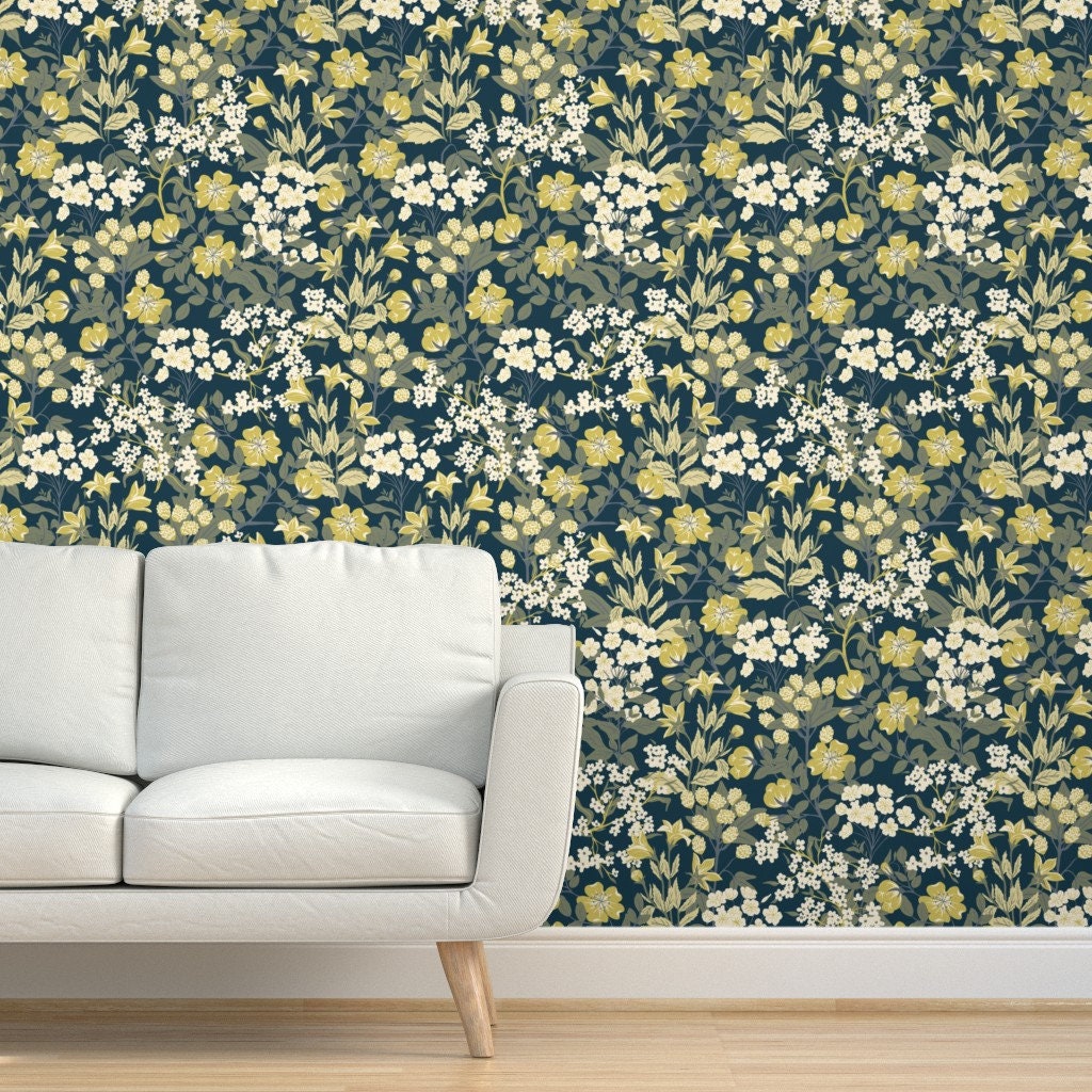 Yellow Floral Wallpaper Yellow Garden By Fernlesliestudio | Etsy