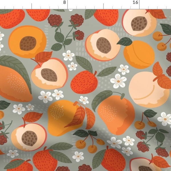 Stone Fruit Fabric -Peachy Mango Lychees By Mandykippax -Blue Orange Summer Harvest Kitchen Fruit Cotton Fabric By The Yard With Spoonflower