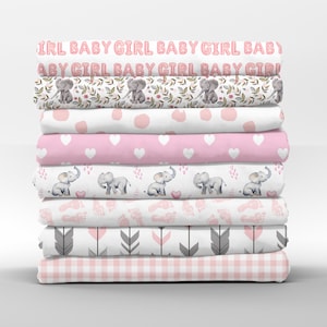 Baby Girl Cotton Fat Quarters - Pink Gray Elephants Infant Newborn Nursery Petal Quilting Cotton Mix & Match Fat Quarters by Spoonflower